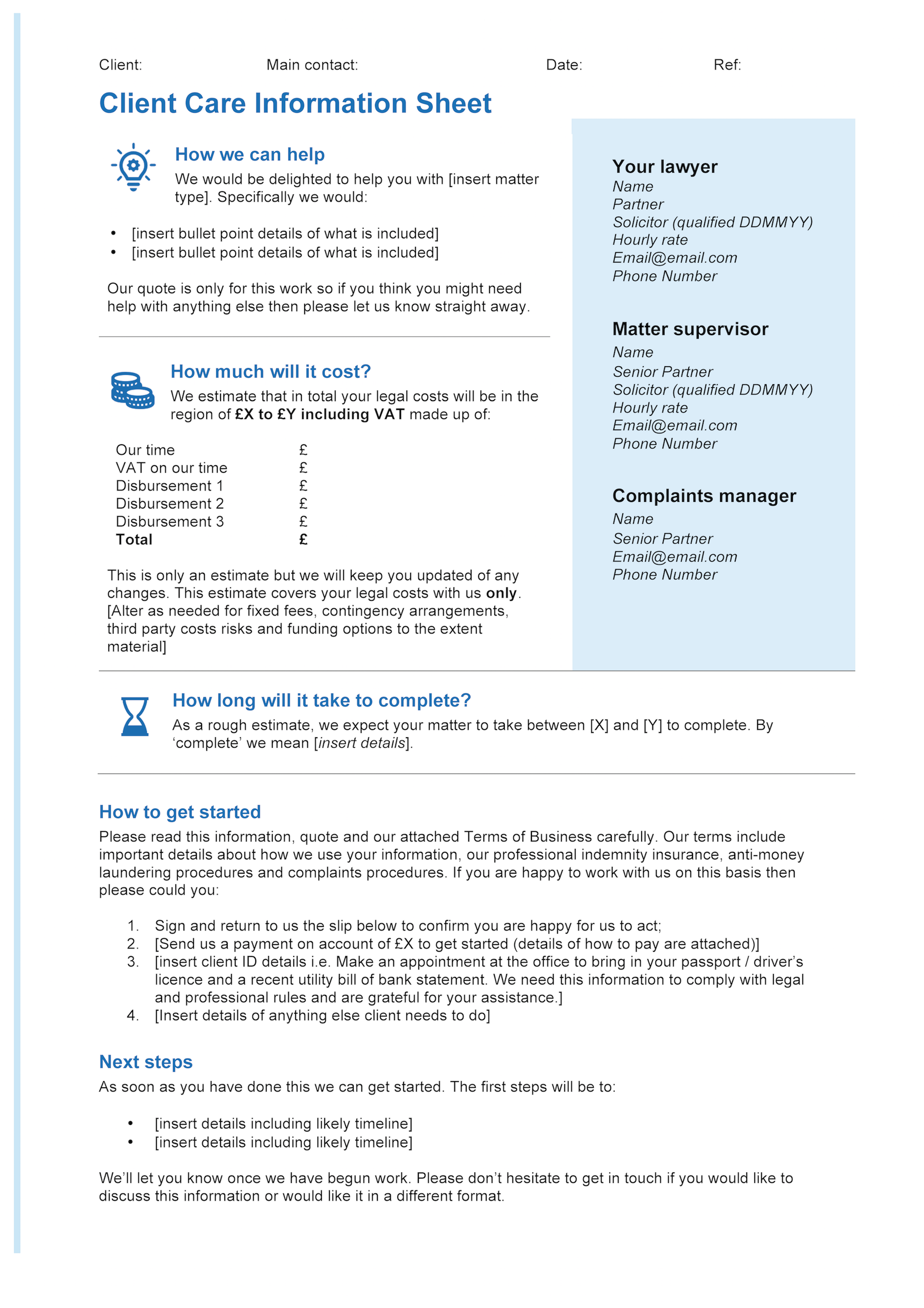 Client care letter template for solicitors image