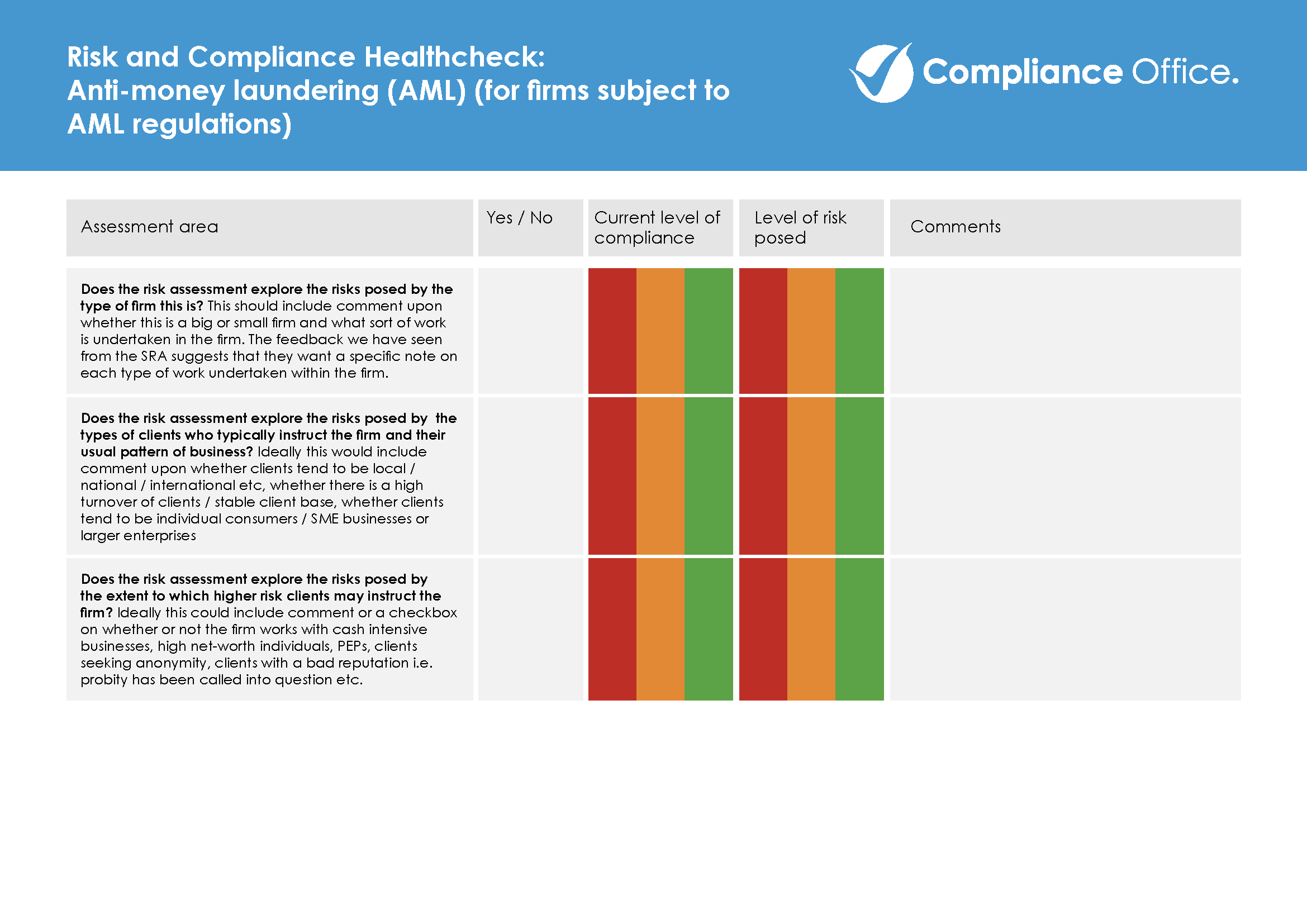 Image of an extract from the Compliance Office Law Firm AML Audit Template reports. This sample refers to firm-wide anti-money laundering risk assessments expected to be in place by the SRA.